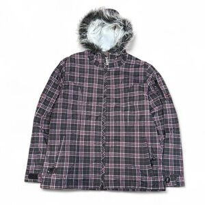 Y2K Roxy Plaid Striped Faux Fur Hooded Jacket